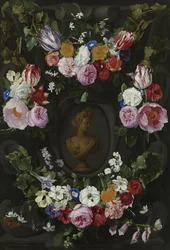 Blumengirlande um eine Büste der Flora